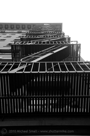 Black and white photo of a fire escape