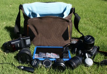 Photo of the Crumpler 7 Million Dollar Home camera bag and its contents