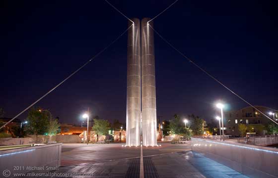 Night photo of the Soleri Bridge in Scottsdale, AZ
