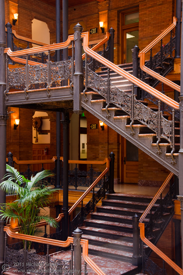 Photograph of the stairs in the Bradbury Building in LA