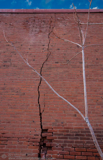 Photograph of a red brick wall with a crack running up it.