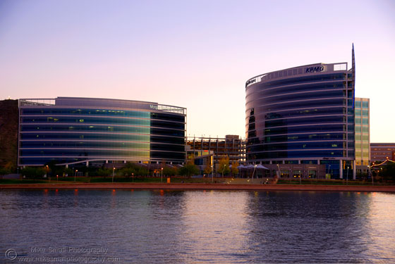 Image of the Hayden Ferry buildings at twilight
